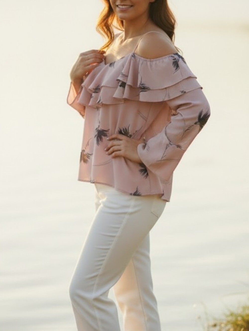 bp Pink Ruffled Cold-Shoulder Floral Blouse